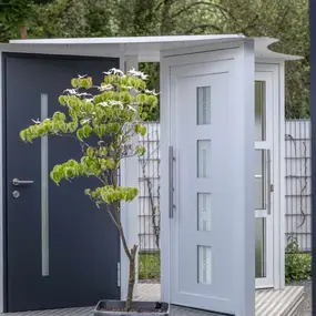 Moderne Haustür aus Aluminium mit Glaseinsätzen und Vordach, daneben ein Baum.